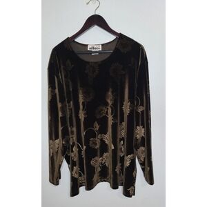 Vintage 3X Whimsigoth Brown Floral Velvet Burnout Top Long Sleeve Fairy Grunge